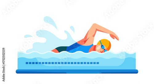 Cartoon Swimmer in Blue Swimsuit Swimming Freestyle in Pool.