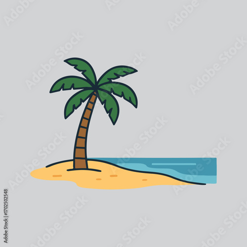 Tropical palm tree stands tall on sandy beach next to ocean waves vector