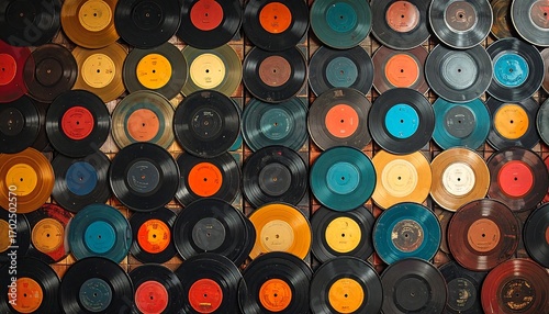 A colorful, close-up wall display composed of numerous vintage vinyl records in various states of condition