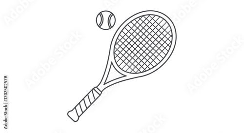 Simple Line Drawing of a Tennis Racket and Ball.