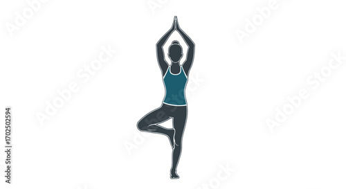 Woman Silhouette in Tree Pose Yoga Balancing on One Leg.