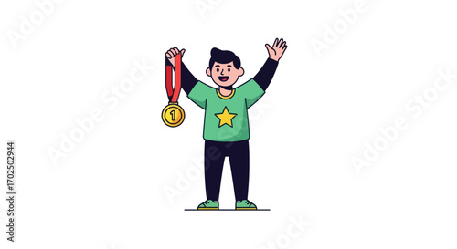 Joyful cartoon boy celebrating with a gold medal and raised arms.