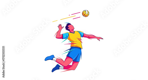 Athletic male volleyball player in mid-air spiking the ball with dynamic motion lines.