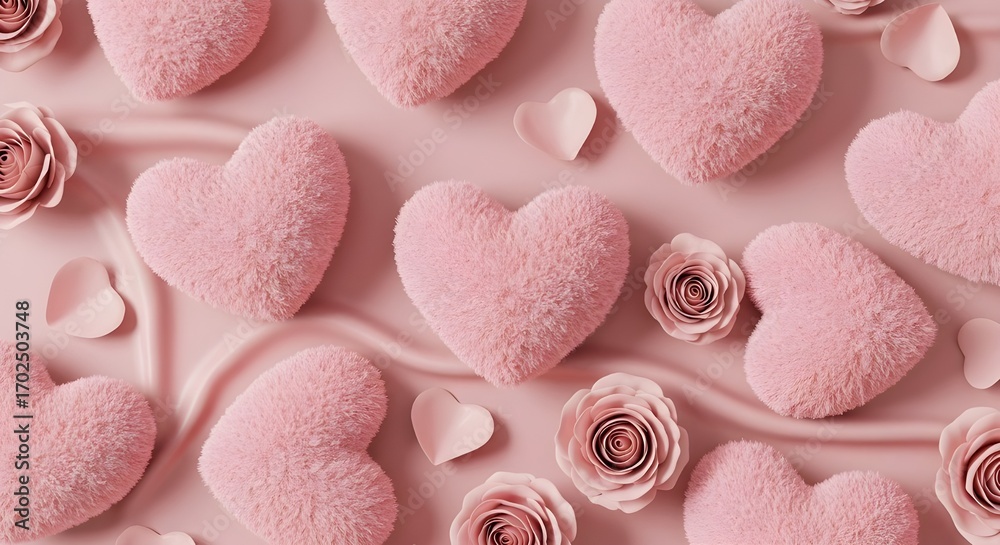 Fototapeta premium Pastel Love-Themed Flat Lay Featuring Heart Pillows and Roses on Pink Background