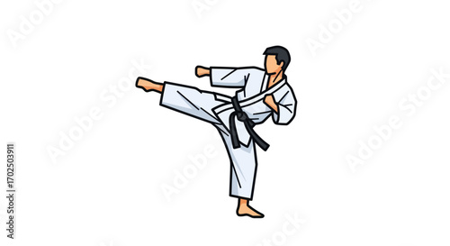 Martial artist in white gi performing a dynamic side kick.