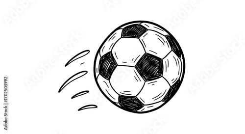 Hand-drawn Soccer Ball with Motion Lines Black and White Illustration.