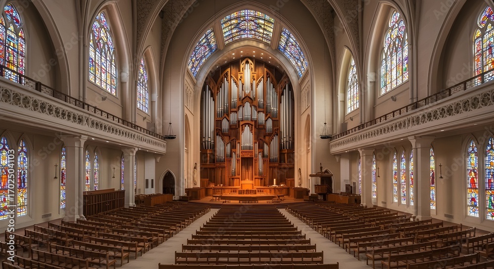 Fototapeta premium Grand Church Interior with Pipe Organ and Stained Glass Windows in Soft Light