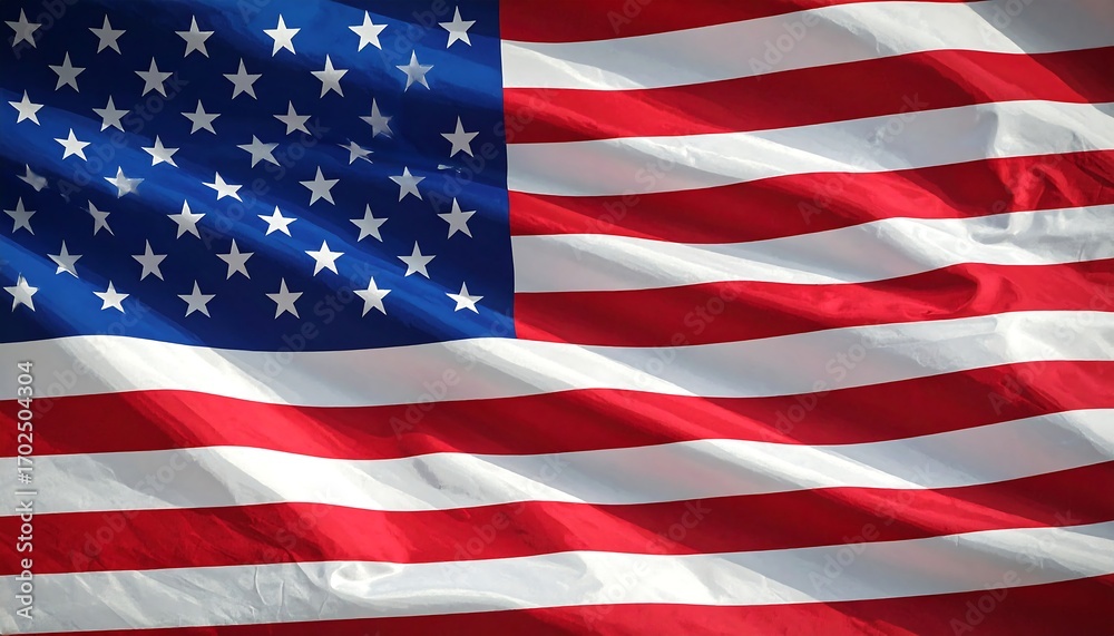 Naklejka premium A close-up of a billowing flag displaying red and white stripes with a blue field of white stars