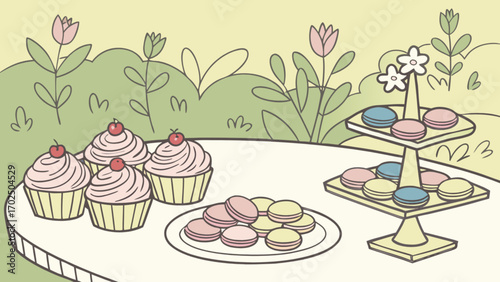 Illustration of cupcakes and macarons on table in garden for dessert party celebration event design