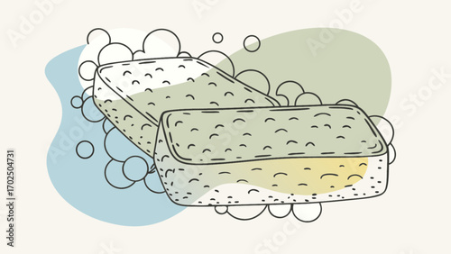 Sponge cleaning illustration, bath sponge, kitchen sponge, dish sponge, washing up vector art image