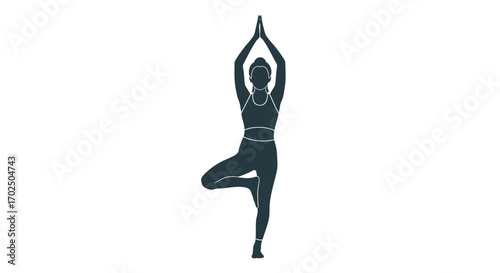 Silhouette of Woman Performing Tree Pose Yoga Exercise.