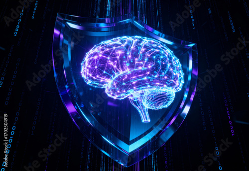 Digital Brain with Cybersecurity Shield in Futuristic Cyberspace