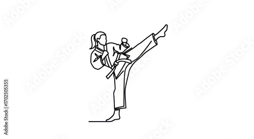 Dynamic Line Art of a Woman Performing a High Karate Kick.