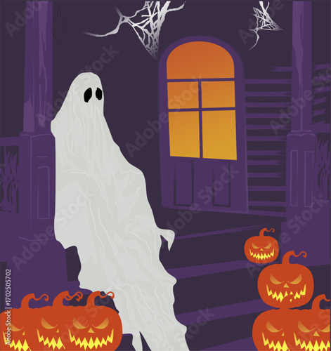 Festive Halloween party with spooky pumpkins, cute ghosts on a house background. Holiday cartoon characters. 