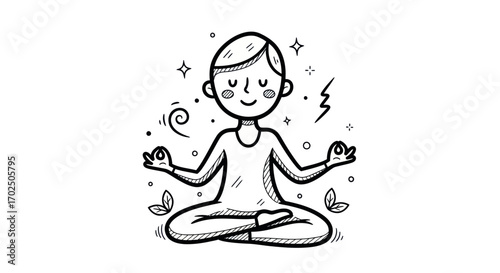 Cartoon person meditating in a serene lotus pose with peaceful aura.