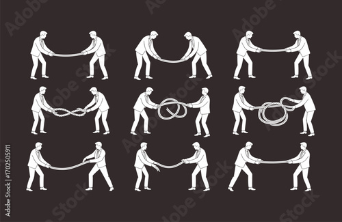 Teamwork silhouettes with rope cooperation, people pulling together, collaboration icons, partnership concepts, unity, problem-solving, coordination, and strength illustrations