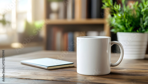 White ceramic coffee mug mockup placed on a wooden desk. Includes tablet and notebook with pen. Background shows bookshelf and potted