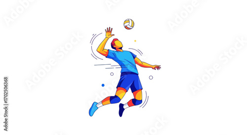 Dynamic male volleyball player spiking ball in mid-air geometric illustration.