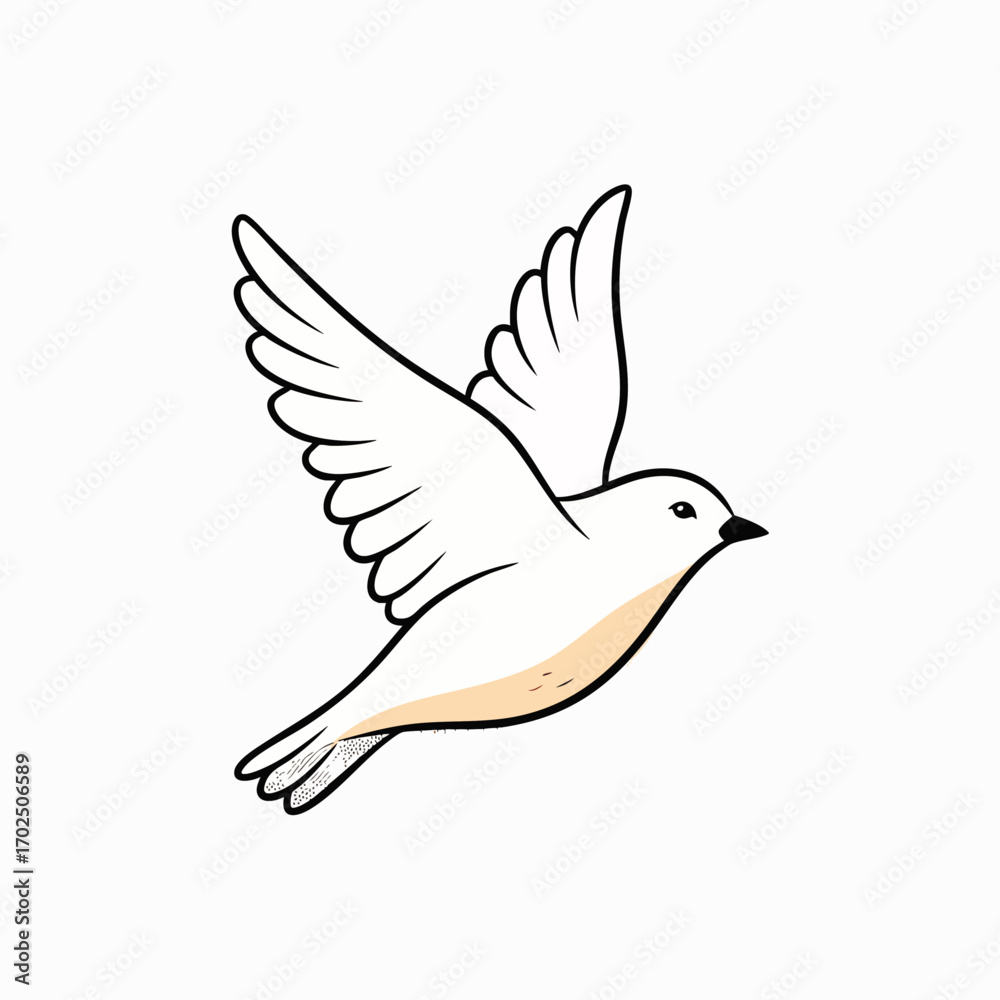 Fototapeta premium A graceful white dove with outstretched wings soars through the air, symbolizing peace, freedom, and spiritual purity in a clean, minimalist illustration.