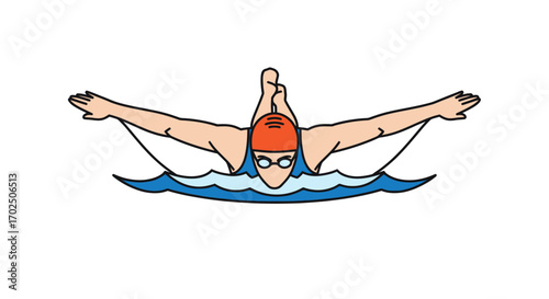 Butterfly Stroke Swimmer with Orange Cap and Goggles in Blue Water.