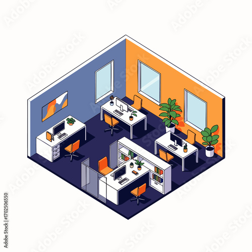 Isometric illustration of a modern, vibrant office interior, featuring multiple workstations, computers, chairs, and green plants, ideal for contemporary business.