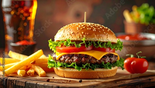 A close-up of a fully assembled burger on a wooden surface, with fries, drink, and tomatoes
