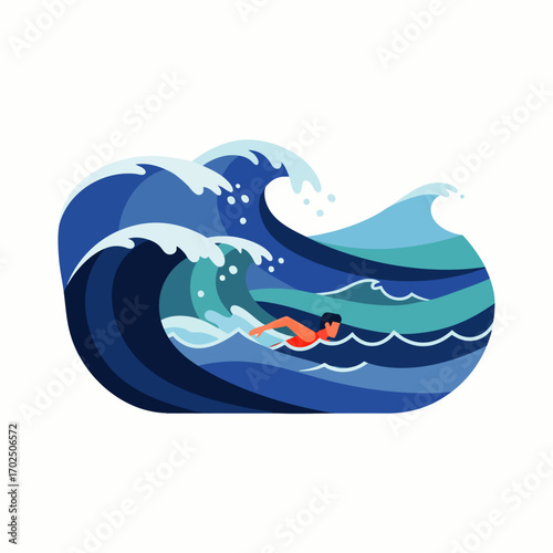 A determined individual swims against the formidable force of towering, dark blue ocean swells, symbolizing resilience and the struggle with overwhelming obstacles.