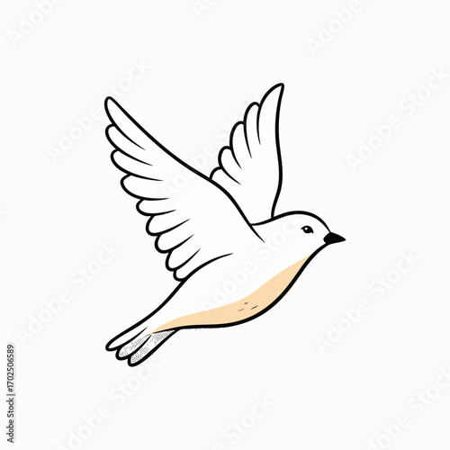 A graceful white dove with outstretched wings soars through the air, symbolizing peace, freedom, and spiritual purity in a clean, minimalist illustration.