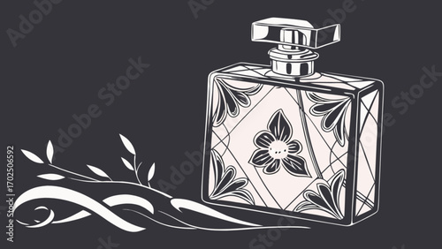 Elegant perfume bottle illustration with floral design and dark background for beauty product ads