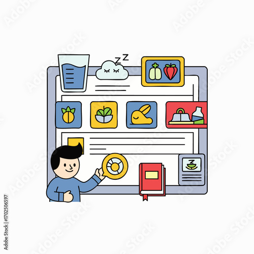 A cheerful individual actively engages with a comprehensive digital wellness application displayed on a tablet, optimizing personal health, sleep, and nutritional habits.