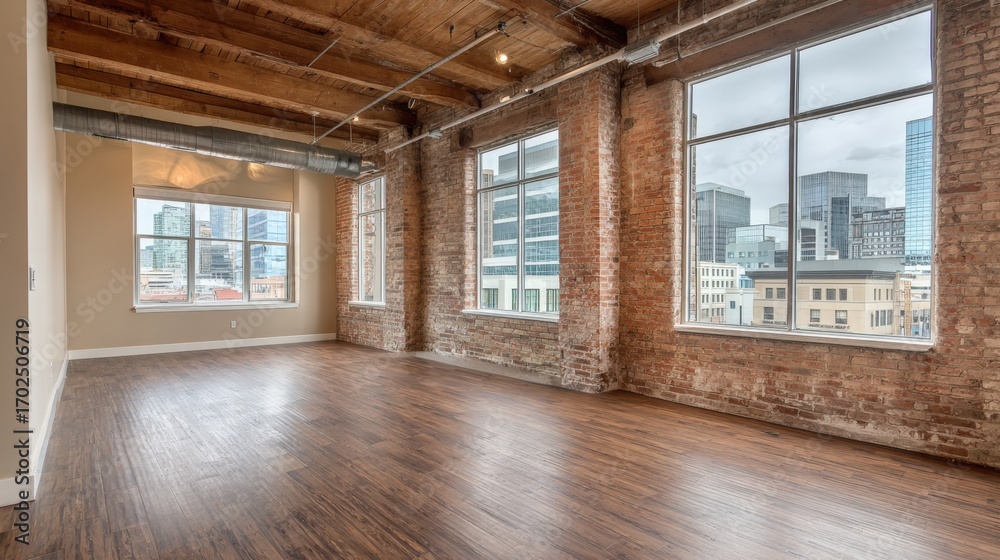Fototapeta premium Bright Empty Loft Apartment with Exposed Brick Walls and Hardwood Floors in Urban Setting