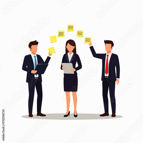 Three diverse business professionals are actively engaged in collaborative brainstorming, developing innovative strategies and organizing tasks with colorful sticky notes.