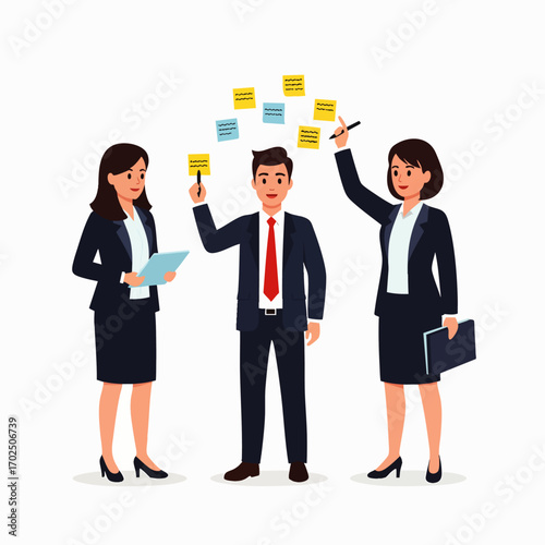 Three business professionals actively collaborate in a productive brainstorming session, strategically placing colorful sticky notes to generate new ideas and find solutions.