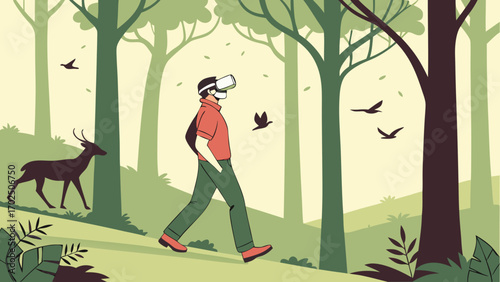 Man Wearing VR Headset in Forest Ignoring Animals – Vector Illustration of Technology Distraction people from Nature