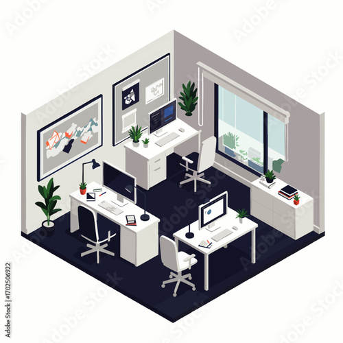 A contemporary isometric office illustration showcasing a minimalist interior with three workstations, computers, and refreshing plants, fostering productivity and collaboration.