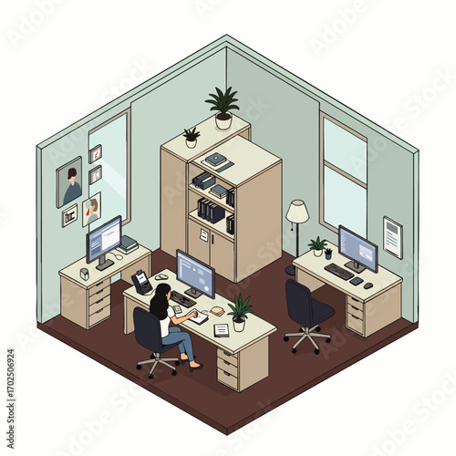 A clean isometric illustration of a modern office interior, showcasing a woman working at her computer amidst contemporary furniture and green plants.