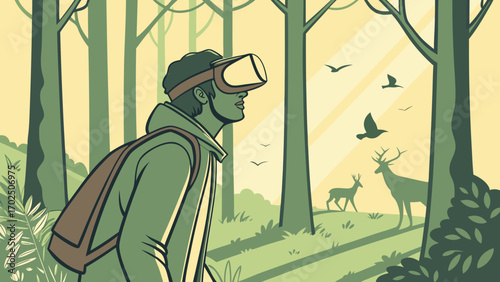 Man Wearing VR Headset in Forest Ignoring Animals – Vector Illustration of Technology Distraction from Nature