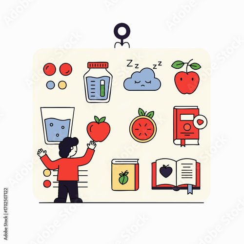 An individual engages with a collection of health and wellness icons, representing nutrition, sleep, hydration, and educational resources for a healthy life.