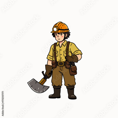 A determined cartoon miner stands ready with his pickaxe, wearing a hard hat and protective gear, embodying hard work and industry in a charming illustration.