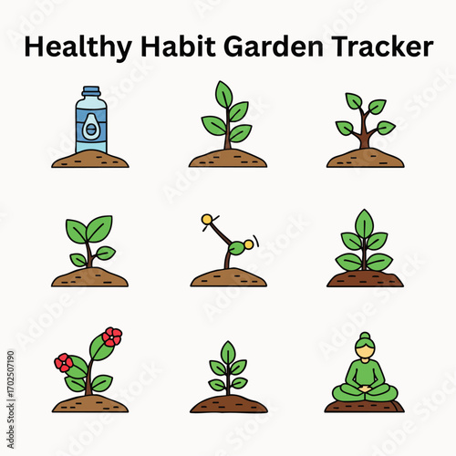 A vibrant icon set illustrates the journey of nurturing positive habits, personal development, and mindfulness, using a garden tracker metaphor for well-being.