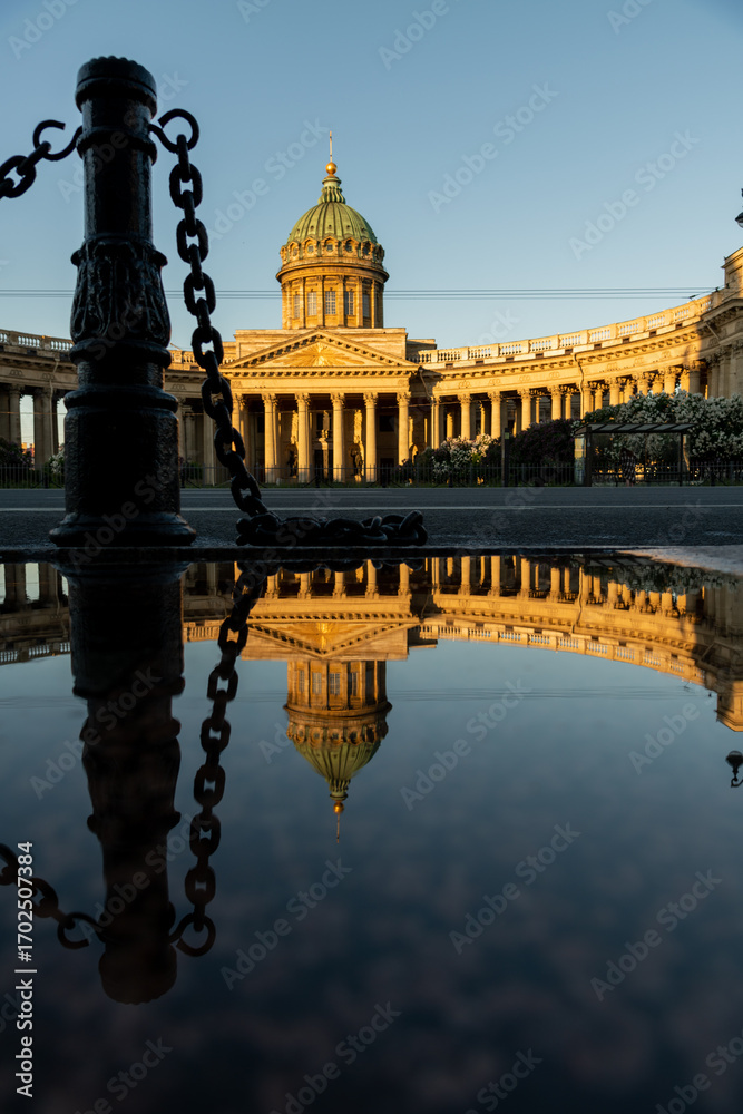 Fototapeta premium Reflection of Kazan Cathedral in Saint Petersburg, Russia during sunset
