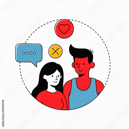 A vibrant flat illustration depicts a man and woman engaging in digital communication, symbolizing online dating, social connections, and relationship choices.
