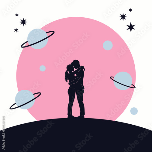 A romantic silhouette of a loving couple embracing under a dreamy pink cosmic sky with planets and stars, symbolizing eternal love and connection.