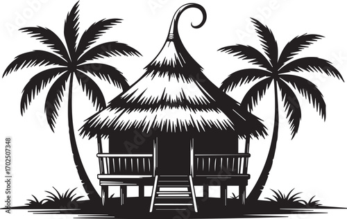 Stylized monochrome vector illustration of a traditional tropical thatched hut, flanked by two palm trees, evoking a peaceful island escape and serene vacation dream