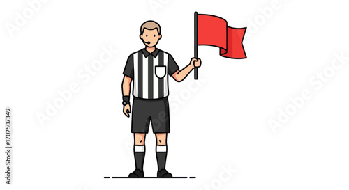 Cartoon Soccer Assistant Referee Holding Red Flag.
