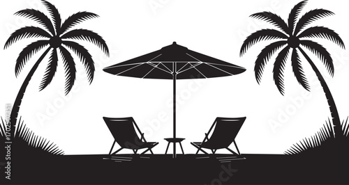 Serene tropical beach silhouette with two palm trees, lounge chairs, and a large umbrella. An idyllic vacation concept representing relaxation, travel, and a peaceful summer getaway