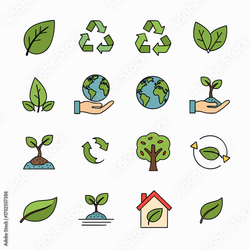 Collection of flat icons representing nature conservation, recycling, and environmental protection.