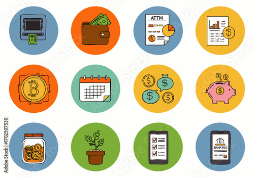A diverse collection of flat design icons effectively illustrating essential financial concepts, including banking, investment, savings, and digital money management.