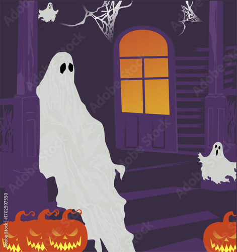 Festive Halloween party with spooky pumpkins, cute ghosts on a house background. Holiday cartoon characters. 