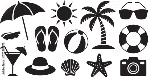 Summer Essentials A collection of silhouette icons perfect for travel, vacation, beach, and holiday-themed designs, ideal for graphic projects